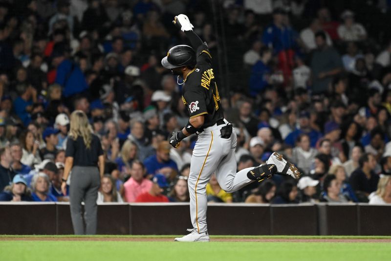 Sep 20, 2023; Chicago, Illinois, USA; hits a Pittsburgh Pirates right fielder Joshua Palacios (54) celebrates after he hits a three run home run against the Chicago Cubs during the fourth inning at Wrigley Field. Mandatory Credit: Matt Marton-USA TODAY Sports