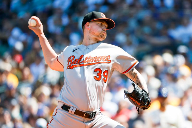 Aug 13, 2023; Seattle, Washington, USA; Baltimore Orioles starting pitcher Kyle Bradish (39) throws against the Seattle Mariners during the third inning at T-Mobile Park. Mandatory Credit: Joe Nicholson-USA TODAY Sports