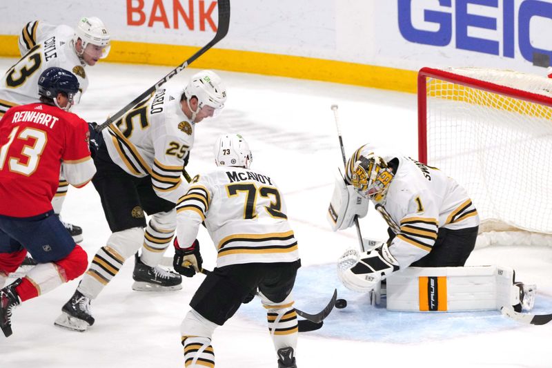 Mar 26, 2024; Sunrise, Florida, USA; Boston Bruins goaltender Jeremy Swayman (1) makes a save against the Florida Panthers during the second period at Amerant Bank Arena. Mandatory Credit: Jim Rassol-USA TODAY Sports