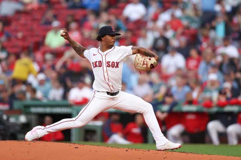 Jun 3, 2025; Boston, Massachusetts, USA; Boston Red Sox starting pitcher Brayan Bello (66) delivers a pitch during the second inning against the Los Angeles Angels at Fenway Park. Mandatory Credit: Paul Rutherford-Imagn Images