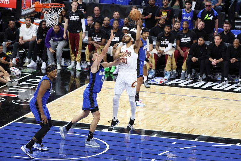 ORLANDO, FL - APRIL 27: Jarrett Allen #31 of the Cleveland Cavaliers drives to the basket during the game against the Orlando Magic during Round 1 Game 4 of the 2024 NBA Playoffs on April 27, 2024 at the Kia Center in Orlando, Florida. NOTE TO USER: User expressly acknowledges and agrees that, by downloading and or using this photograph, User is consenting to the terms and conditions of the Getty Images License Agreement. Mandatory Copyright Notice: Copyright 2024 NBAE (Photo by David Sherman/NBAE via Getty Images)