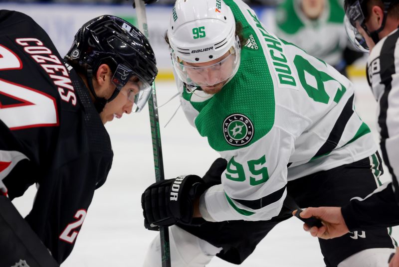 Feb 6, 2024; Buffalo, New York, USA;  Buffalo Sabres center Dylan Cozens (24) and Dallas Stars center Matt Duchene (95) wait for the face-off during the first period at KeyBank Center. Mandatory Credit: Timothy T. Ludwig-USA TODAY Sports