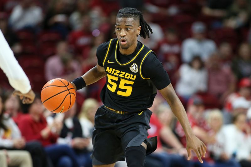 Feb 24, 2024; Fayetteville, Arkansas, USA; Missouri Tigers  guard Sean East II (55) during the first half against the Arkansas Razorbacksat Bud Walton Arena. Arkansas won 88-73. Mandatory Credit: Nelson Chenault-USA TODAY Sports