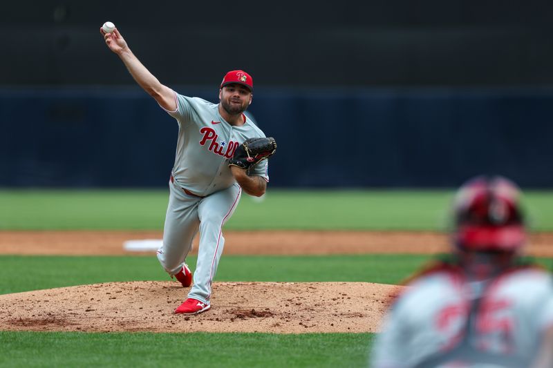 Mar 14, 2026; Tampa, Florida, USA; Philadelphia Phillies starting pitcher Bryse Wilson (48) throws a pitch against the New York Yankees in the second inning during spring training at George M. Steinbrenner Field. Mandatory Credit: Nathan Ray Seebeck-Imagn Images