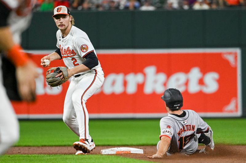 Sep 17, 2024; Baltimore, Maryland, USA;  Baltimore Orioles shortstop Gunnar Henderson (2) holds the ball after a fourth inning force out of San Francisco Giants second base Donovan Walton (18) at Oriole Park at Camden Yards. Mandatory Credit: Tommy Gilligan-Imagn Images