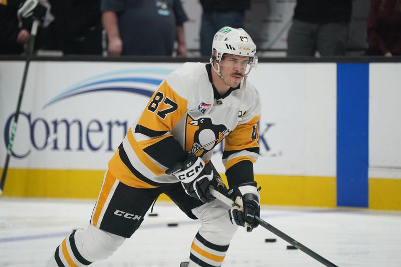 Jan 27, 2025; San Jose, California, USA; Pittsburgh Penguins center Sidney Crosby (87) warms up before the game against the San Jose Sharks at SAP Center at San Jose. Mandatory Credit: David Gonzales-Imagn Images