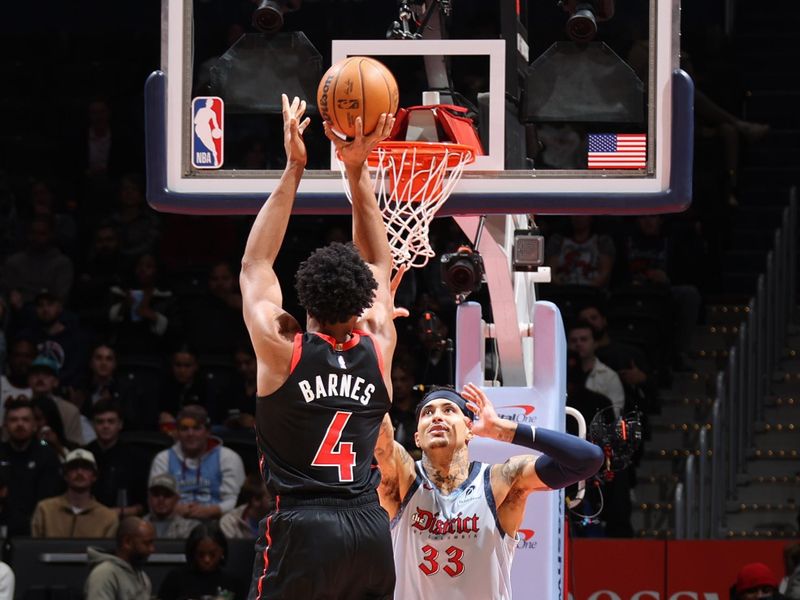 WASHINGTON, DC -?JANUARY 29: Scottie Barnes #4 of the Toronto Raptors shoots the ball during the game against the Washington Wizards on January 29, 2025 at Capital One Arena in Washington, DC. NOTE TO USER: User expressly acknowledges and agrees that, by downloading and or using this Photograph, user is consenting to the terms and conditions of the Getty Images License Agreement. Mandatory Copyright Notice: Copyright 2025 NBAE (Photo by Stephen Gosling/NBAE via Getty Images)