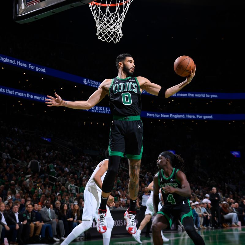 BOSTON, MA - NOVEMBER 19:  Jayson Tatum #0 of the Boston Celtics grabs the rebound during the game against the Cleveland Cavaliers  during the Emirates NBA Cup game on November 19, 2024 at TD Garden in Boston, Massachusetts. NOTE TO USER: User expressly acknowledges and agrees that, by downloading and/or using this Photograph, user is consenting to the terms and conditions of the Getty Images License Agreement. Mandatory Copyright Notice: Copyright 2024 NBAE (Photo by Brian Babineau/NBAE via Getty Images)