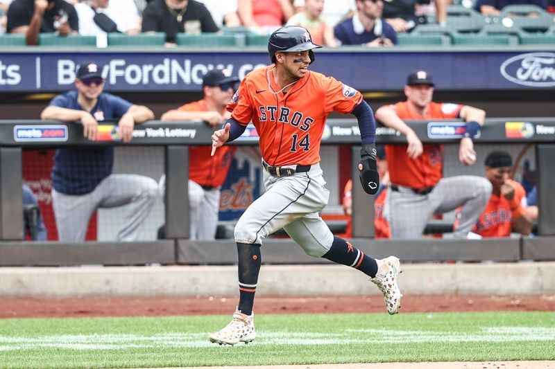 Jun 30, 2024; New York City, New York, USA;  Houston Astros left fielder Mauricio Dubón (14) rounds third base to score a run in the fifth inning against the New York Mets at Citi Field. Mandatory Credit: Wendell Cruz-USA TODAY Sports