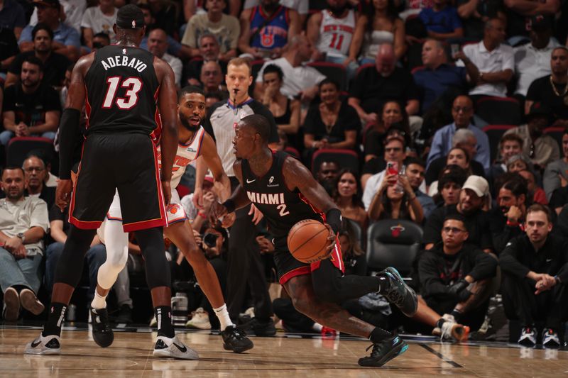 MIAMI, FL - OCTOBER 30: Terry Rozier #2 of the Miami Heat dribbles the ball during the game against the New York Knicks on October 30, 2024 at Kaseya Center in Miami, Florida. NOTE TO USER: User expressly acknowledges and agrees that, by downloading and or using this Photograph, user is consenting to the terms and conditions of the Getty Images License Agreement. Mandatory Copyright Notice: Copyright 2024 NBAE (Photo by Issac Baldizon/NBAE via Getty Images)