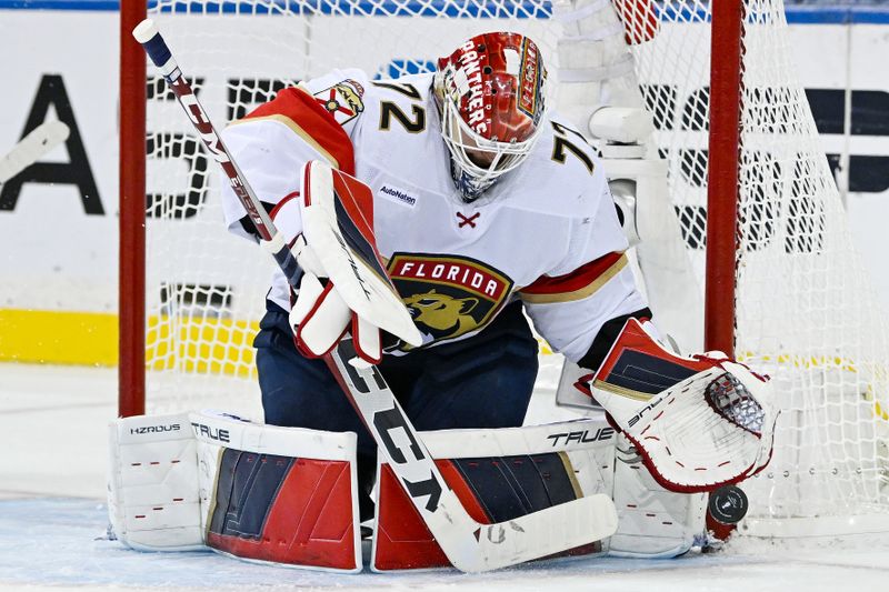 May 30, 2024; New York, New York, USA; Florida Panthers goaltender Sergei Bobrovsky (72) makes a save against the New York Rangers during the third period in game five of the Eastern Conference Final of the 2024 Stanley Cup Playoffs at Madison Square Garden. Mandatory Credit: Dennis Schneidler-USA TODAY Sports