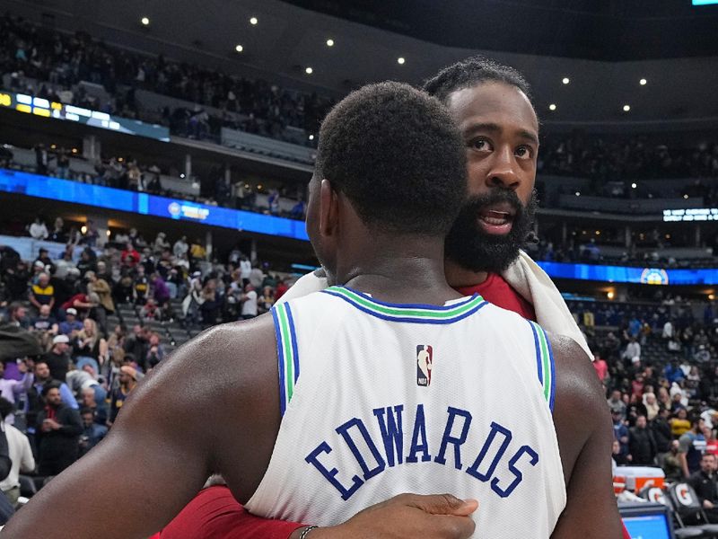 DENVER, CO - MARCH 29: Anthony Edwards #5 of the Minnesota Timberwolves greets DeAndre Jordan #6 of the Denver Nuggets after the game on March 29, 2024 at the Ball Arena in Denver, Colorado. NOTE TO USER: User expressly acknowledges and agrees that, by downloading and/or using this Photograph, user is consenting to the terms and conditions of the Getty Images License Agreement. Mandatory Copyright Notice: Copyright 2024 NBAE (Photo by Bart Young/NBAE via Getty Images)