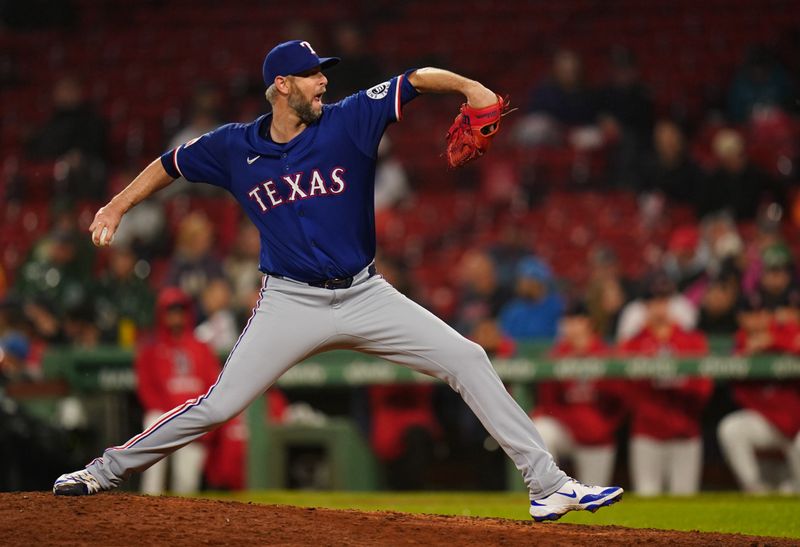 May 6, 2025; Boston, Massachusetts, USA; Texas Rangers pitcher Chris Martin (55) throws a pitch against the Boston Red Sox in the ninth inning at Fenway Park. Mandatory Credit: David Butler II-Imagn Images