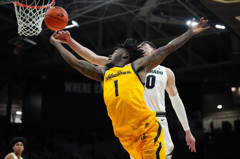 Feb 2, 2023; Boulder, Colorado, USA; Colorado Buffaloes guard Luke O'Brien (0) blocks the shot of California Golden Bears guard Joel Brown (1) in the second half at the CU Events Center. Mandatory Credit: Ron Chenoy-USA TODAY Sports