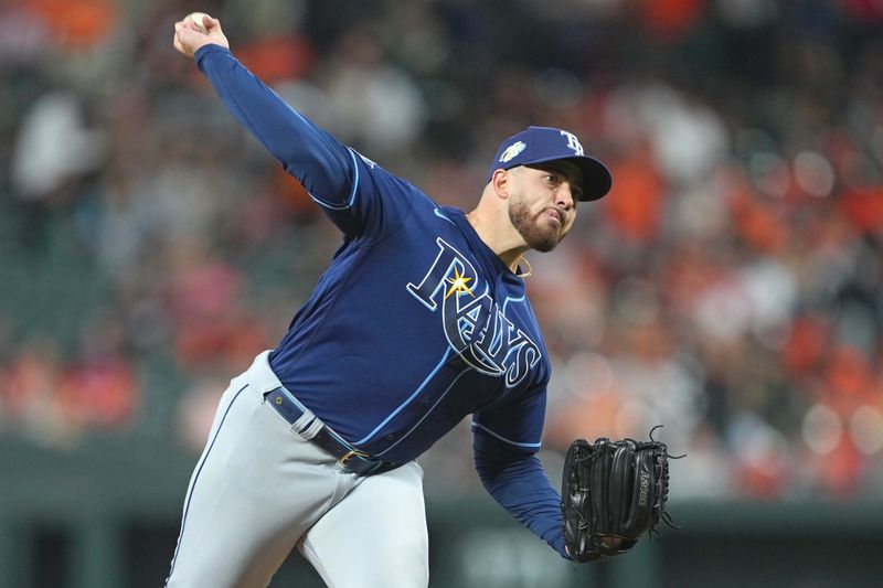 Sep 14, 2023; Baltimore, Maryland, USA; Tampa Bay Rays pitcher Aaron Civale (34) delivers in the first inning against the Baltimore Orioles at Oriole Park at Camden Yards. Mandatory Credit: Mitch Stringer-USA TODAY Sports