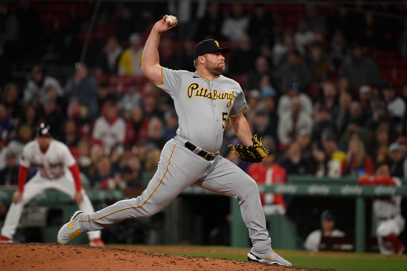 Apr 4, 2023; Boston, Massachusetts, USA;  Pittsburgh Pirates relief pitcher David Bednar (51) pitches during the ninth inning against the Boston Red Sox at Fenway Park. Mandatory Credit: Bob DeChiara-USA TODAY Sports