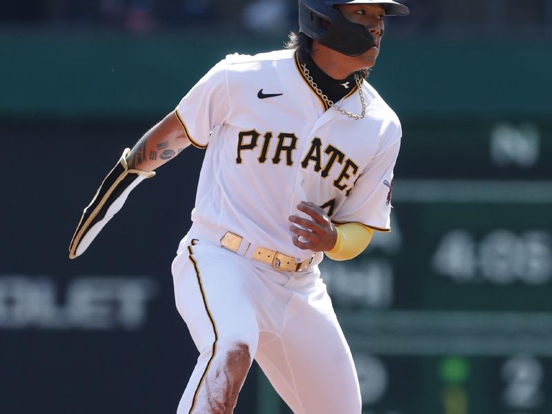 Apr 12, 2023; Pittsburgh, Pennsylvania, USA;  Pittsburgh Pirates shortstop Ji Hwan Bae (3) takes a lead off of second base against the Houston Astros during the third inning at PNC Park. Mandatory Credit: Charles LeClaire-USA TODAY Sports