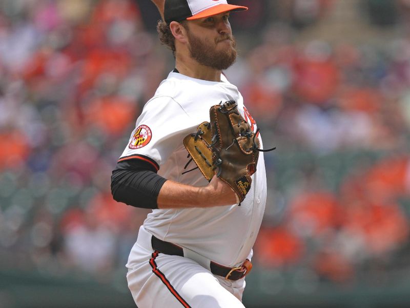 Jun 13, 2024; Baltimore, Maryland, USA; Baltimore Orioles pitcher Cole Irvin (19) throws a pitch in the first inning against the Atlanta Braves at Oriole Park at Camden Yards. Mandatory Credit: Mitch Stringer-USA TODAY Sports