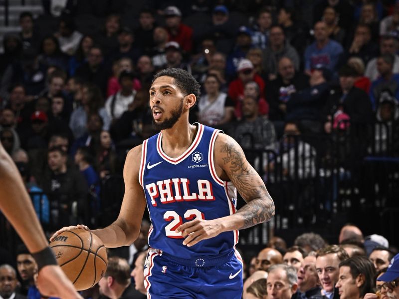 PHILADELPHIA, PA - APRIL 2: Cameron Payne #22 of the Philadelphia 76ers dribbles the ball during the game aOklahoma City Thunder on April 2, 2024 at the Wells Fargo Center in Philadelphia, Pennsylvania NOTE TO USER: User expressly acknowledges and agrees that, by downloading and/or using this Photograph, user is consenting to the terms and conditions of the Getty Images License Agreement. Mandatory Copyright Notice: Copyright 2024 NBAE (Photo by David Dow/NBAE via Getty Images)