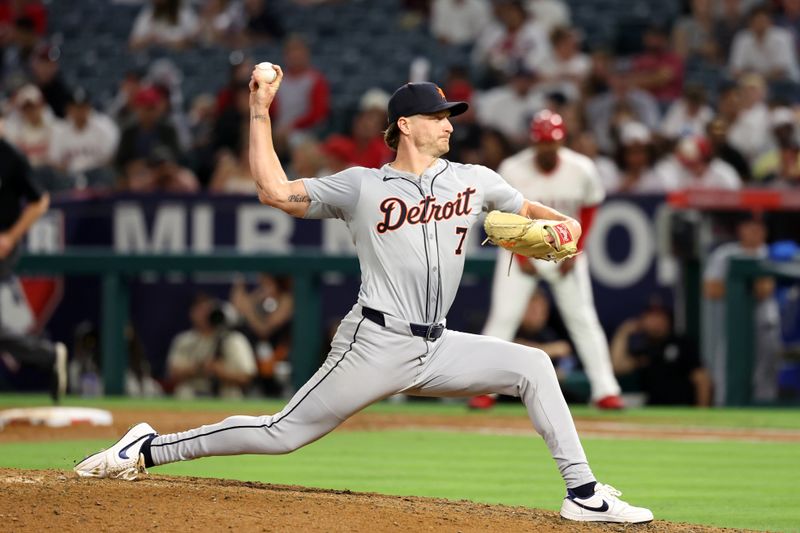 Jun 28, 2024; Anaheim, California, USA;  Detroit Tigers relief pitcher Shelby Miller (7) pitches during the eighth inning against the Los Angeles Angels at Angel Stadium. Mandatory Credit: Kiyoshi Mio-USA TODAY Sports