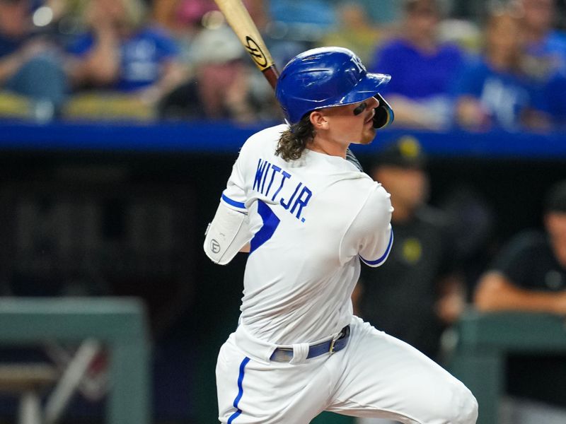 Aug 30, 2023; Kansas City, Missouri, USA; Kansas City Royals shortstop Bobby Witt Jr. (7) hits a home run during the fourth inning against the Pittsburgh Pirates at Kauffman Stadium. Mandatory Credit: Jay Biggerstaff-USA TODAY Sports