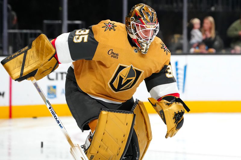 Oct 26, 2024; Las Vegas, Nevada, USA; Vegas Golden Knights goaltender Ilya Samsonov (35) warms up before a game against the San Jose Sharks at T-Mobile Arena. Mandatory Credit: Stephen R. Sylvanie-Imagn Images