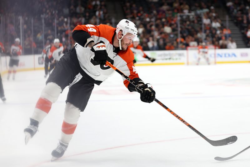 Nov 10, 2023; Anaheim, California, USA; Philadelphia Flyers left wing Nicolas Deslauriers (44) shoots the puck during the first period against the Anaheim Ducks at Honda Center. Mandatory Credit: Kiyoshi Mio-USA TODAY Sports