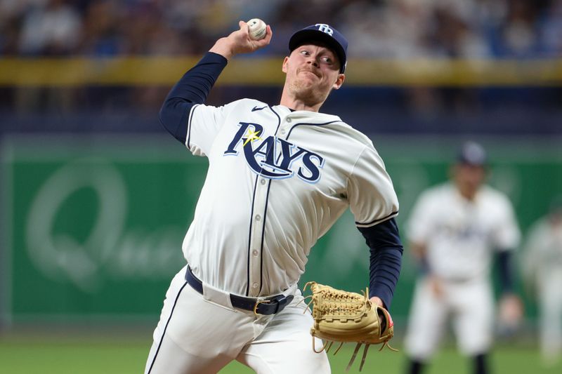 Jul 11, 2024; St. Petersburg, Florida, USA; Tampa Bay Rays pitcher Pete Fairbanks (29) throws a pitch against the New York Yankees in the ninth inning at Tropicana Field. Mandatory Credit: Nathan Ray Seebeck-USA TODAY Sports