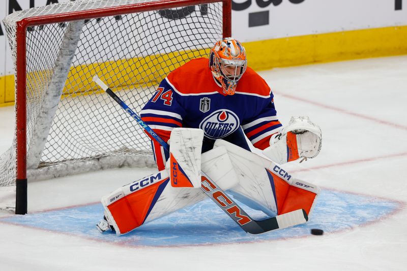 Jun 13, 2024; Edmonton, Alberta, CAN; Edmonton Oilers goaltender Stuart Skinner (74) warms up before the game against the Florida Panthers in game three of the 2024 Stanley Cup Final at Rogers Place. Mandatory Credit: Perry Nelson-USA TODAY Sports