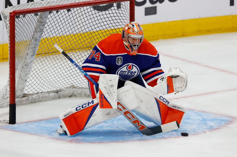 Jun 13, 2024; Edmonton, Alberta, CAN; Edmonton Oilers goaltender Stuart Skinner (74) warms up before the game against the Florida Panthers in game three of the 2024 Stanley Cup Final at Rogers Place. Mandatory Credit: Perry Nelson-USA TODAY Sports