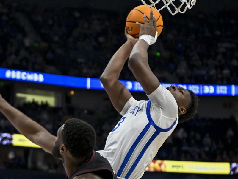 Mar 15, 2024; Nashville, TN, USA; Texas A&M Aggies guard Bryce Lindsay (3) shoots and gets fouled against the Texas A&M Aggies during the second half at Bridgestone Arena. Mandatory Credit: Steve Roberts-USA TODAY Sports