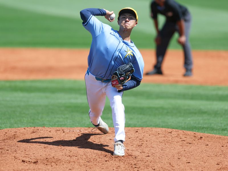 Mar 15, 2024; Port Charlotte, Florida, USA;  Tampa Bay Rays pitcher Naoyuki Uwasawa (36) throws a pitch against the Baltimore Orioles in the third inning at Charlotte Sports Park. Mandatory Credit: Nathan Ray Seebeck-USA TODAY Sports