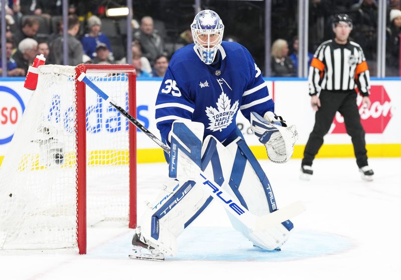 Feb 15, 2024; Toronto, Ontario, CAN; Toronto Maple Leafs goaltender Ilya Samsonov (35) follows the play against the Philadelphia Flyers during the second period at Scotiabank Arena. Mandatory Credit: Nick Turchiaro-USA TODAY Sports