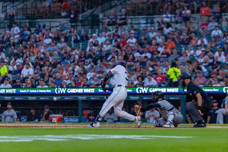 Jul 29, 2024; Detroit, Michigan, USA; Detroit Tigers catcher Dillion Dingler (38) gets his first MLB hit, a double in the in the seventh inning off of Cleveland Guardians starting pitcher Tanner Bibee (28) (not pictured) at Comerica Park. Mandatory Credit: David Reginek-USA TODAY Sports