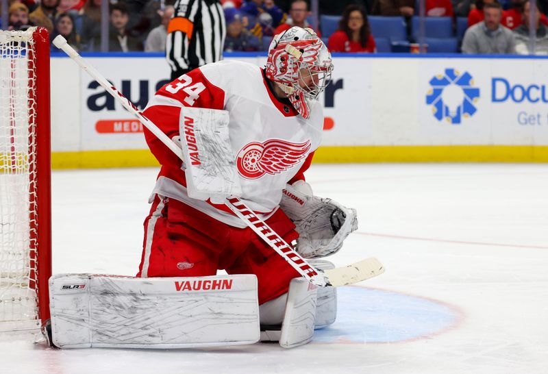 Dec 5, 2023; Buffalo, New York, USA;  Detroit Red Wings goaltender Alex Lyon (34) looks to make a save during the second period against the Buffalo Sabres at KeyBank Center. Mandatory Credit: Timothy T. Ludwig-USA TODAY Sports