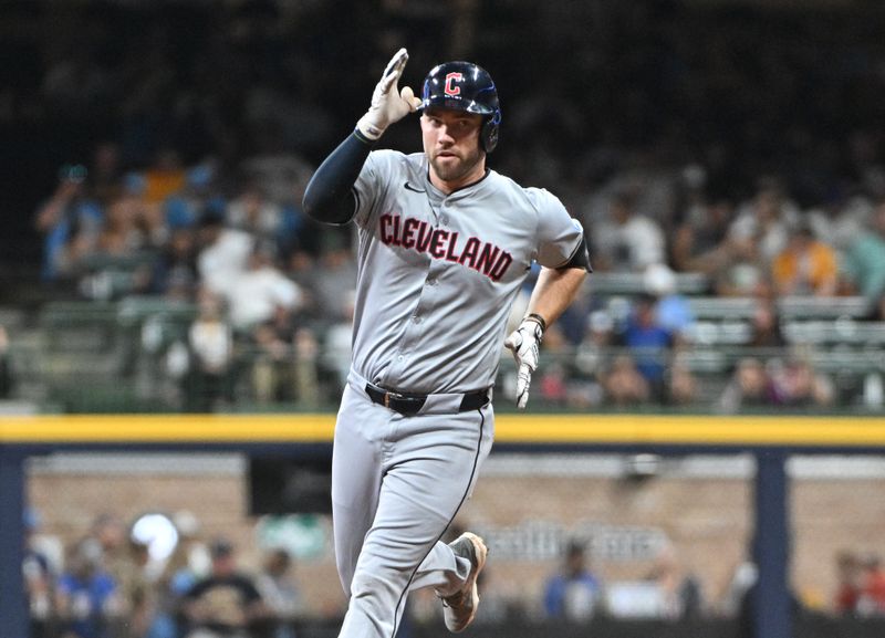 Aug 16, 2024; Milwaukee, Wisconsin, USA; Cleveland Guardians catcher David Fry (6) celebrates hitting home run against the Milwaukee Brewers in the eighth inning at American Family Field. Mandatory Credit: Michael McLoone-USA TODAY Sports