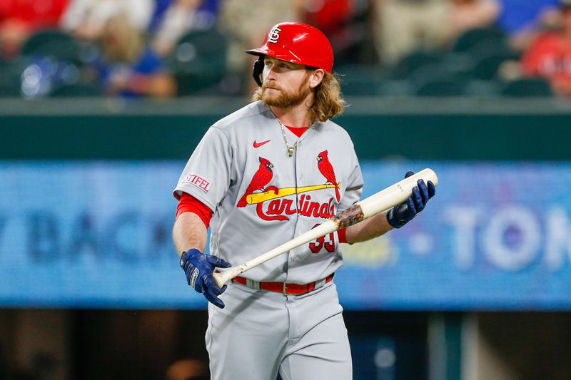 Jun 7, 2023; Arlington, Texas, USA; St. Louis Cardinals second baseman Brendan Donovan (33) reacts after striking out to lead off the game against the Texas Rangers at Globe Life Field. Mandatory Credit: Andrew Dieb-USA TODAY Sports