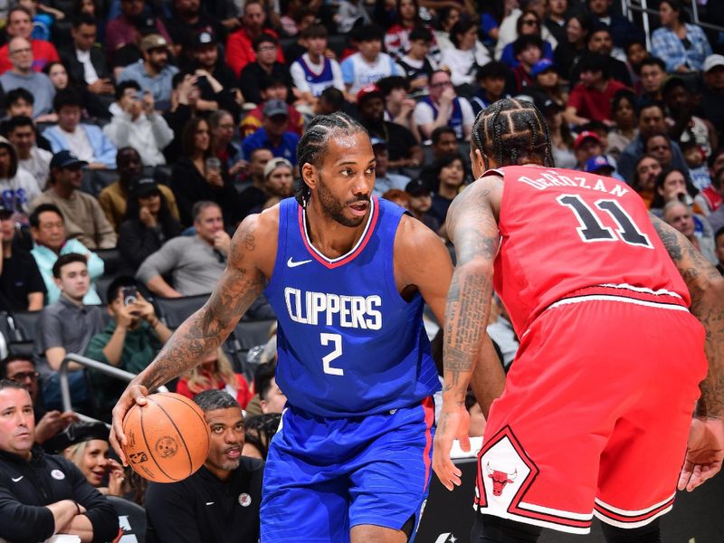 LOS ANGELES, CA - MARCH 9: Kawhi Leonard #2 of the LA Clippers dribbles the ball during the game against the Chicago Bulls on March 9, 2024 at Crypto.Com Arena in Los Angeles, California. NOTE TO USER: User expressly acknowledges and agrees that, by downloading and/or using this Photograph, user is consenting to the terms and conditions of the Getty Images License Agreement. Mandatory Copyright Notice: Copyright 2024 NBAE (Photo by Adam Pantozzi/NBAE via Getty Images)