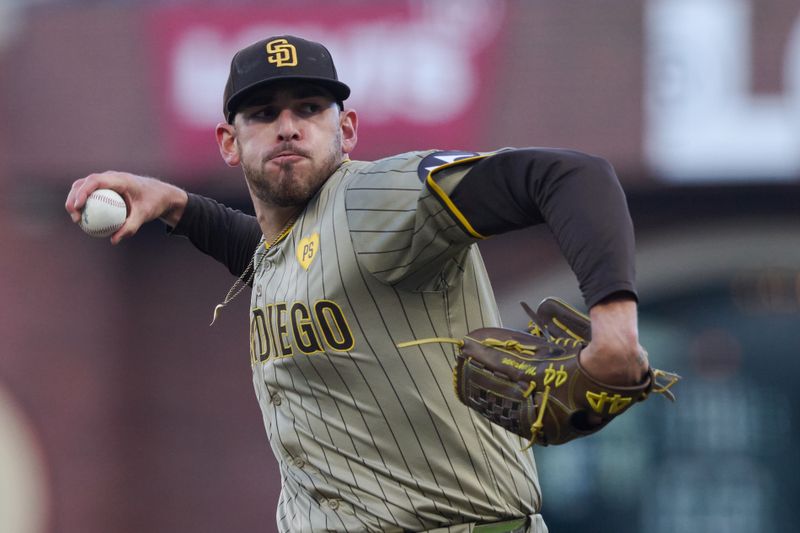 Sep 14, 2024; San Francisco, California, USA; San Diego Padres starting pitcher Joe Musgrove (44) throws a pitch against the San Francisco Giants during the first inning at Oracle Park. Mandatory Credit: Robert Edwards-Imagn Images