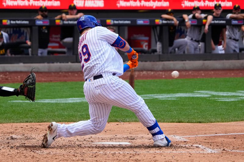 Aug 16, 2023; New York City, New York, USA; New York Mets right fielder DJ Steward (29) hits a two run home run against the Pittsburgh Pirates during the fifth inning at Citi Field. Mandatory Credit: Gregory Fisher-USA TODAY Sports