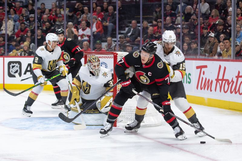 Nov 21, 2024; Ottawa, Ontario, CAN; Ottawa Senators left wing Brady Tkachuk (7) moves the puck away from Vegas Golden Knights  defenseman Noah Hanifin (15) in the first period at the Canadian Tire Centre. Mandatory Credit: Marc DesRosiers-Imagn Images
