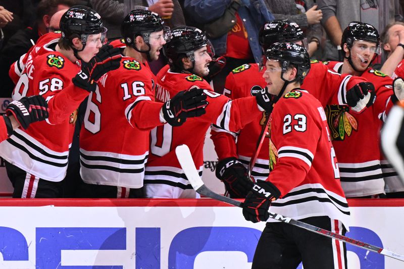 Dec 7, 2023; Chicago, Illinois, USA; Chicago Blackhawks forward Philipp Kurashev (23) celebrates with the bench after scoring a power play goal in the second period against the Anaheim Ducks at United Center. Mandatory Credit: Jamie Sabau-USA TODAY Sports