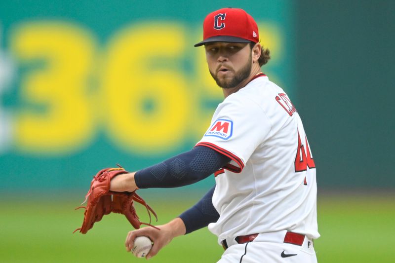 Jun 10, 2025; Cleveland, Ohio, USA; Cleveland Guardians starting pitcher Slade Cecconi (44) delivers a pitch in the second inning against the Cincinnati Reds at Progressive Field. Mandatory Credit: David Richard-Imagn Images