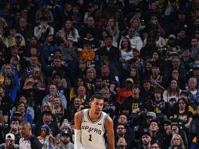 SAN FRANCISCO, CA - NOVEMBER 24: Victor Wembanyama #1 of the San Antonio Spurs looks on during the game against the Golden State Warriors on November 24, 2023 at Chase Center in San Francisco, California. NOTE TO USER: User expressly acknowledges and agrees that, by downloading and or using this photograph, user is consenting to the terms and conditions of Getty Images License Agreement. Mandatory Copyright Notice: Copyright 2023 NBAE (Photo by Garrett Ellwood/NBAE via Getty Images)