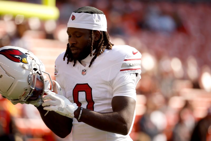 Arizona Cardinals wide receiver Zach Pascal (0) warms up prior to the start of an NFL football game against the Cleveland Browns, Sunday, Nov. 5, 2023, in Cleveland. (AP Photo/Kirk Irwin)
