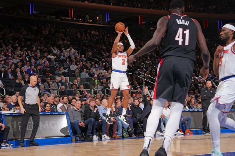 NEW YORK, NY - JANUARY 9: Miles McBride #2 of the New York Knicks shoots the ball during the game against the Portland Trail Blazers on January 9, 2024 at Madison Square Garden in New York City, New York.  NOTE TO USER: User expressly acknowledges and agrees that, by downloading and or using this photograph, User is consenting to the terms and conditions of the Getty Images License Agreement. Mandatory Copyright Notice: Copyright 2024 NBAE  (Photo by Jesse D. Garrabrant/NBAE via Getty Images)