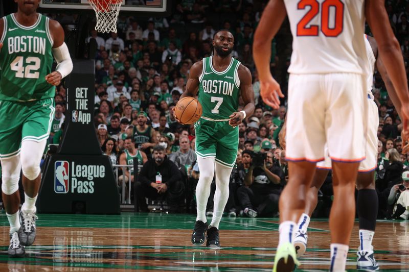 BOSTON, MA - OCTOBER 22: Jaylen Brown #7 of the Boston Celtics dribbles the ball during the game against the New York Knicks on October 22, 2024 at TD Garden in Boston, Massachusetts. NOTE TO USER: User expressly acknowledges and agrees that, by downloading and or using this Photograph, user is consenting to the terms and conditions of the Getty Images License Agreement. Mandatory Copyright Notice: Copyright 2024 NBAE (Photo by Nathaniel S. Butler/NBAE via Getty Images)