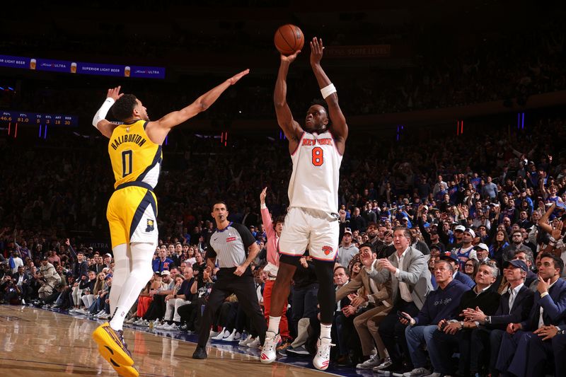 NEW YORK, NY - MAY 21: OG Anunoby #8 of the New York Knicks three point basket during the game against the Indiana Pacers during Game 1 of the 2025 Eastern Conference Finals on May 21, 2025 at Madison Square Garden in New York City, New York. NOTE TO USER: User expressly acknowledges and agrees that, by downloading and or using this photograph, User is consenting to the terms and conditions of the Getty Images License Agreement. Mandatory Copyright Notice: Copyright 2025 NBAE(Photo by Nathaniel S. Butler/NBAE via Getty Images)