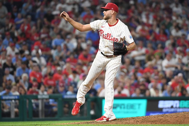 Jun 30, 2025; Philadelphia, Pennsylvania, USA; Philadelphia Phillies pitcher Zack Wheeler (45) follows through on a pitch during the eighth inning against the San Diego Padres at Citizens Bank Park. Mandatory Credit: Eric Hartline-Imagn Images