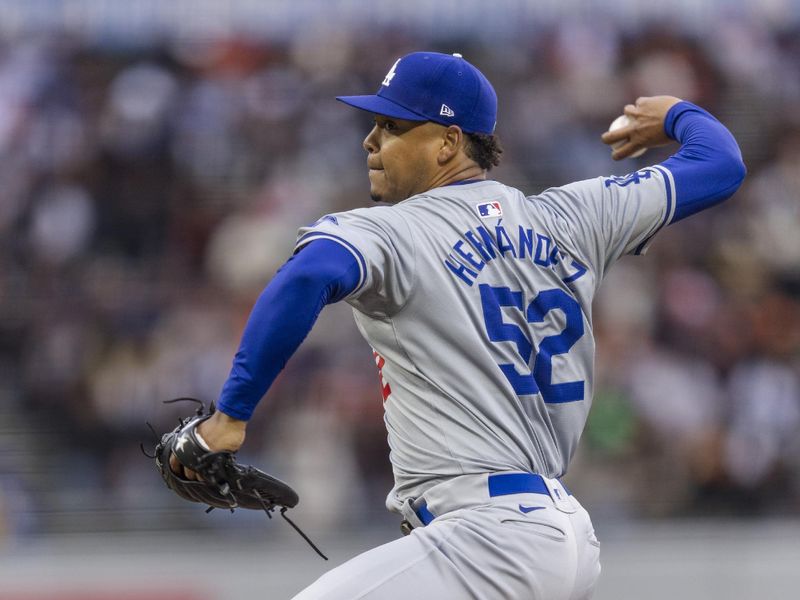 May 15, 2024; San Francisco, California, USA; Los Angeles Dodgers starting pitcher Elieser Hernandez (52) throws against the San Francisco Giants during the first inning at Oracle Park. Mandatory Credit: John Hefti-USA TODAY Sports